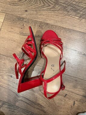 Patent Red Strappy Block Heels - Women